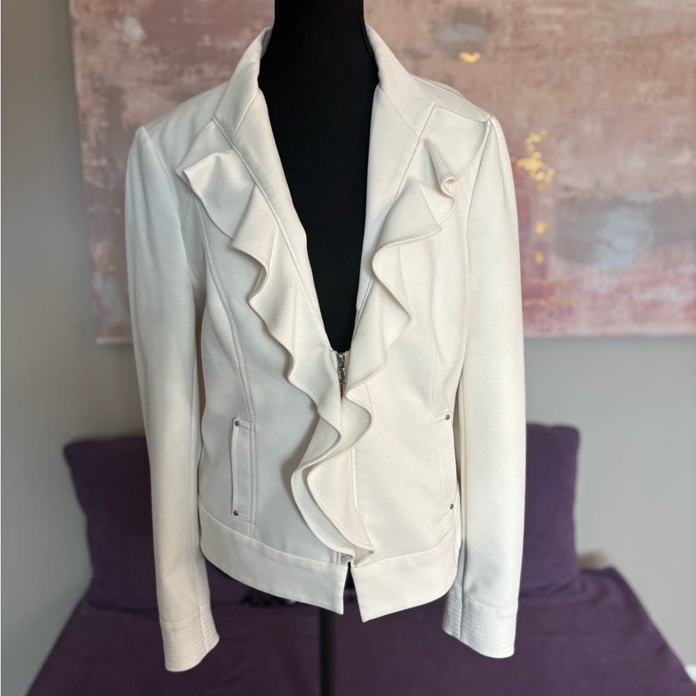 White House Black Market White‎ Fitted Blazer with Ruffled Lapel Size 14